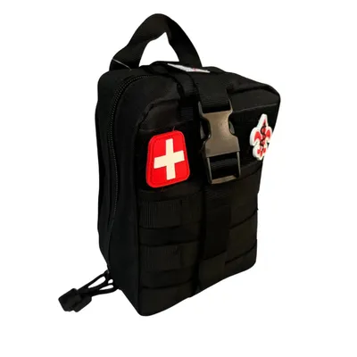 Black ScoutGuard first aid kit, angled view