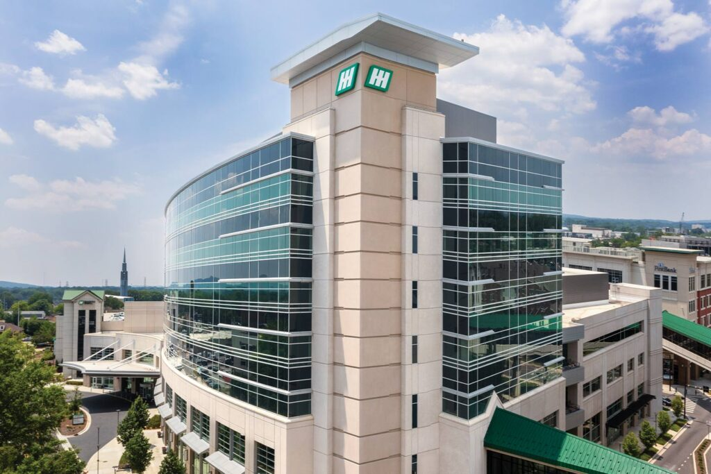 Huntsville Hospital tower and campus in downtown Huntsville on a sunny day